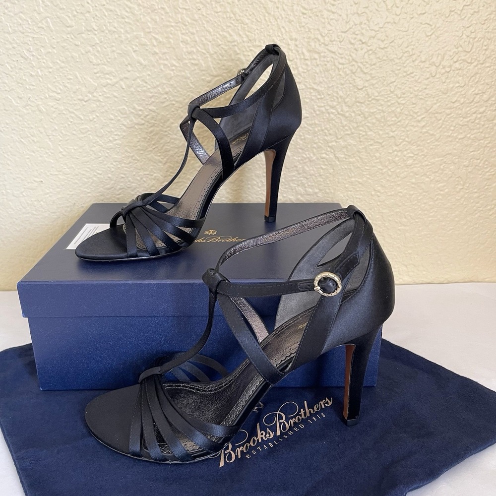 Brooks Brothers Black Satin Strappy High Heel Sandals Shoes Box Dust Bag Size 10